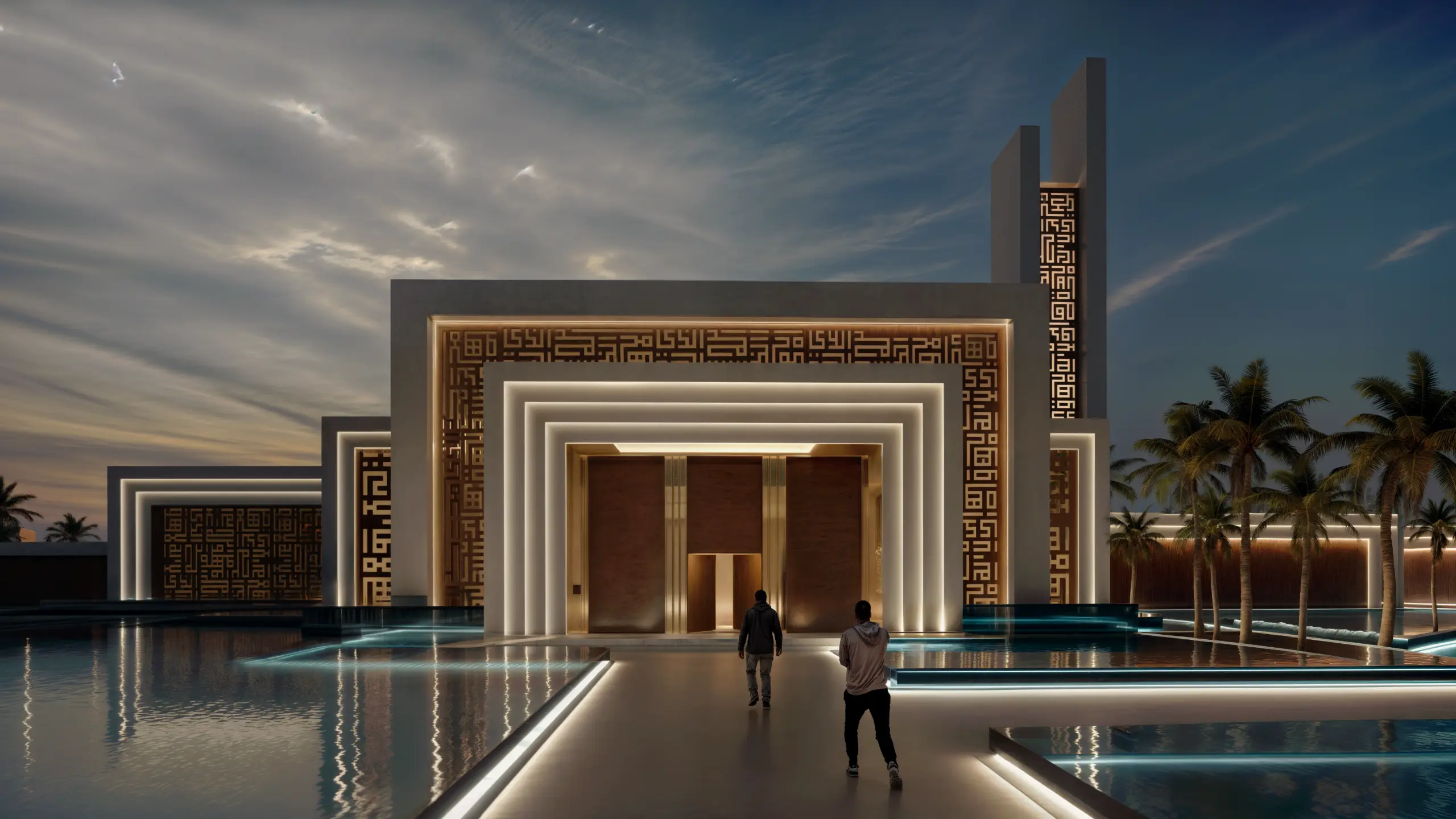 Arabic calligraphy in mosque design. Sustainable mosque design UAE. Contemporary mosque architecture Nad Al Sheba