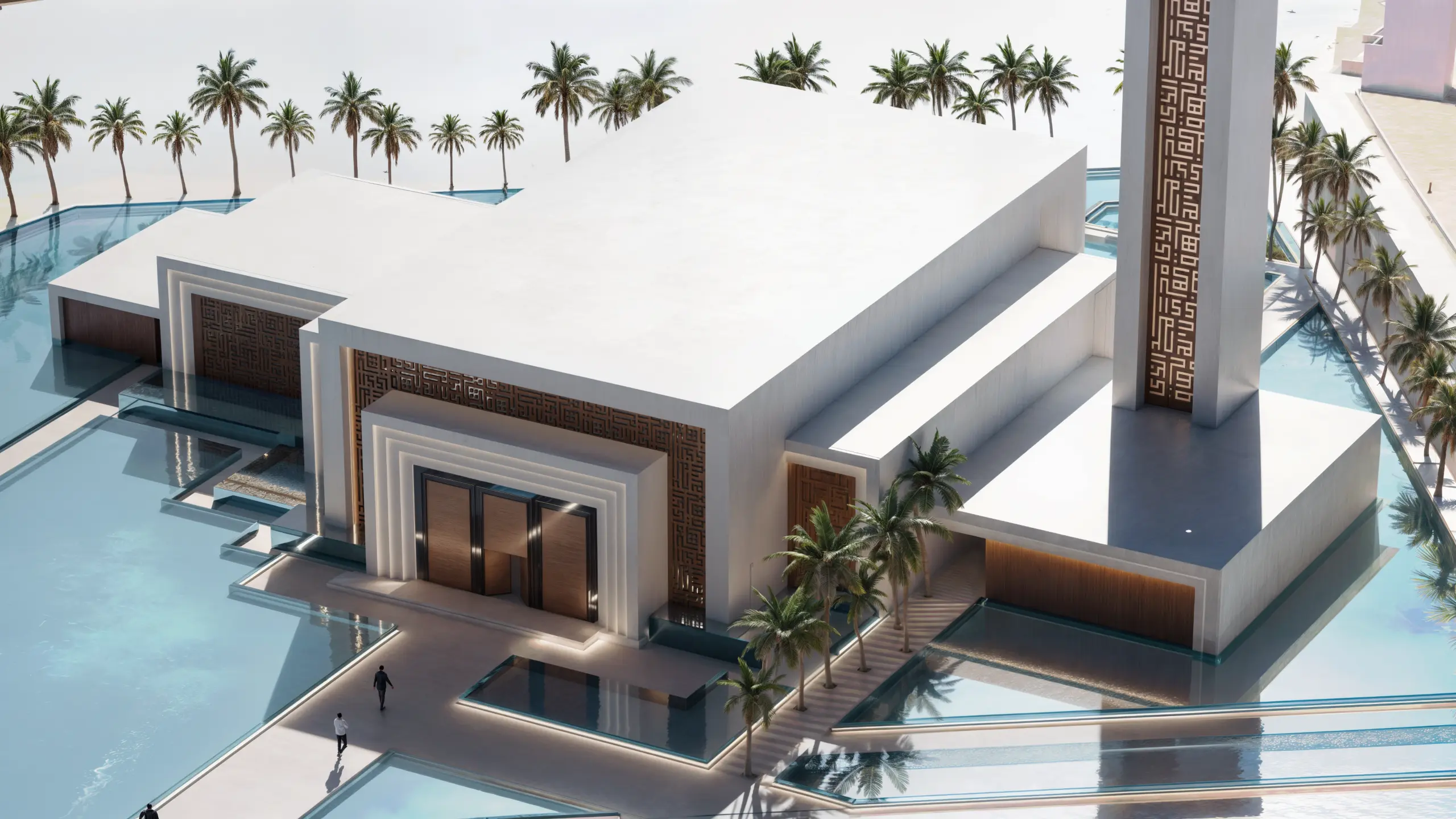 Eco-friendly mosque UAE. Islamic architectural design Nad Al Sheba. Modern abstract mosque design. Minimalistic mosque with Arabic calligraphy. 