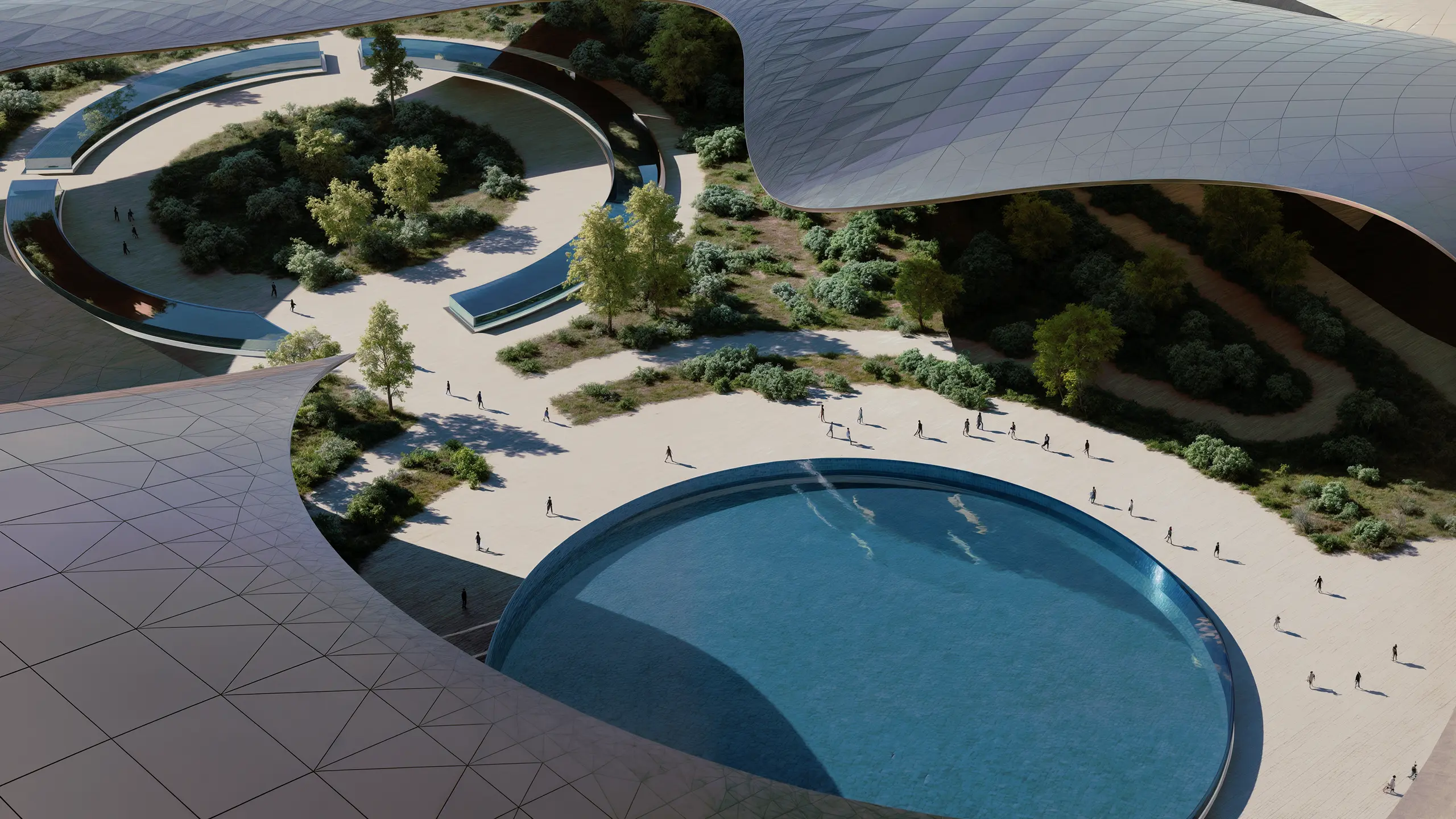 Neom futuristic sports architecture. Eco-friendly sports center KSA. Neom sports center sustainable design
