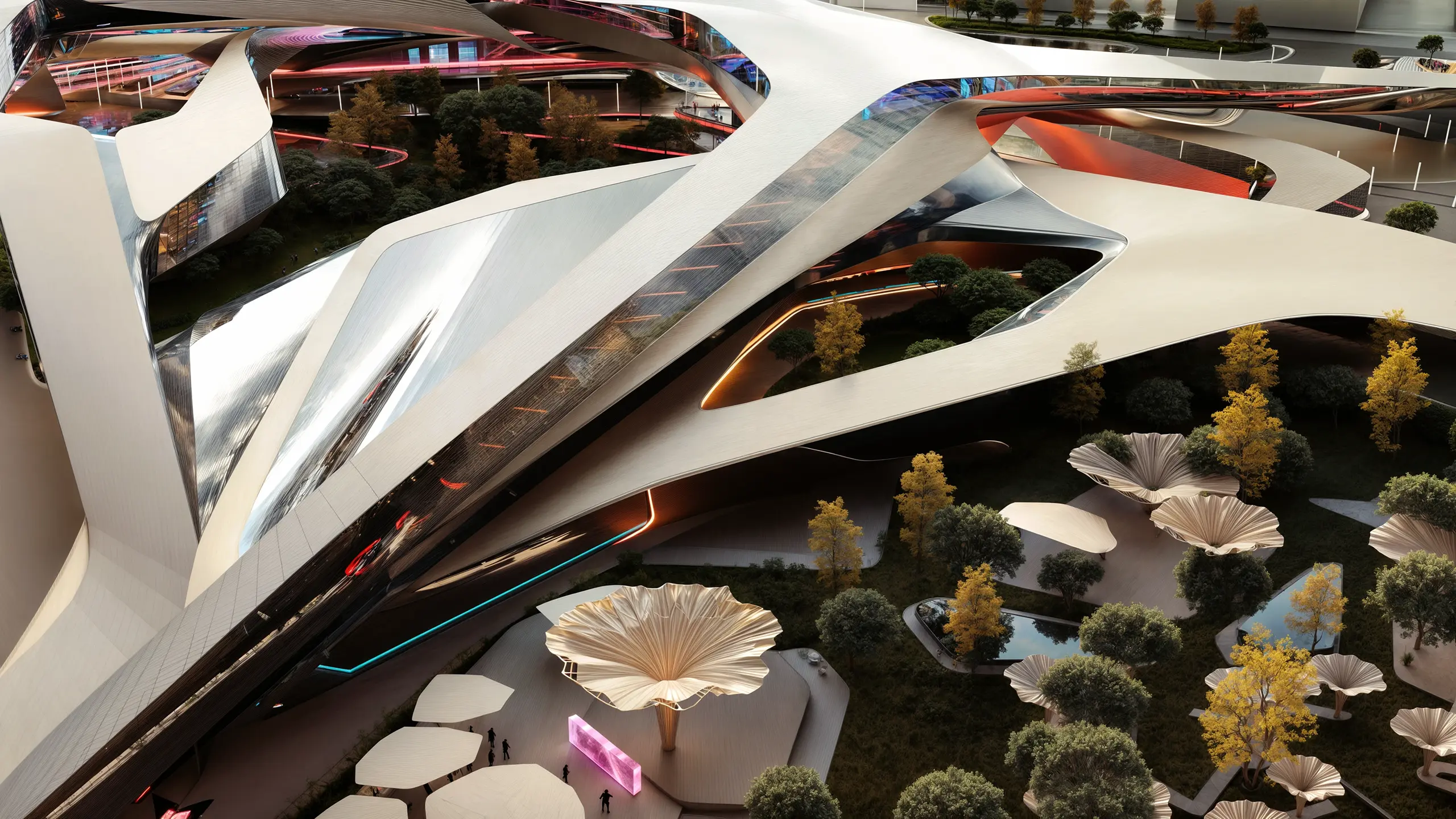 The Link Expo City Educational Arena, a futuristic building with a sleek, white, and reflective facade. The architecture features geometric, wave-like structures and integrated gardens with circular planters and trees. The surrounding area includes a green space with vibrant lighting.