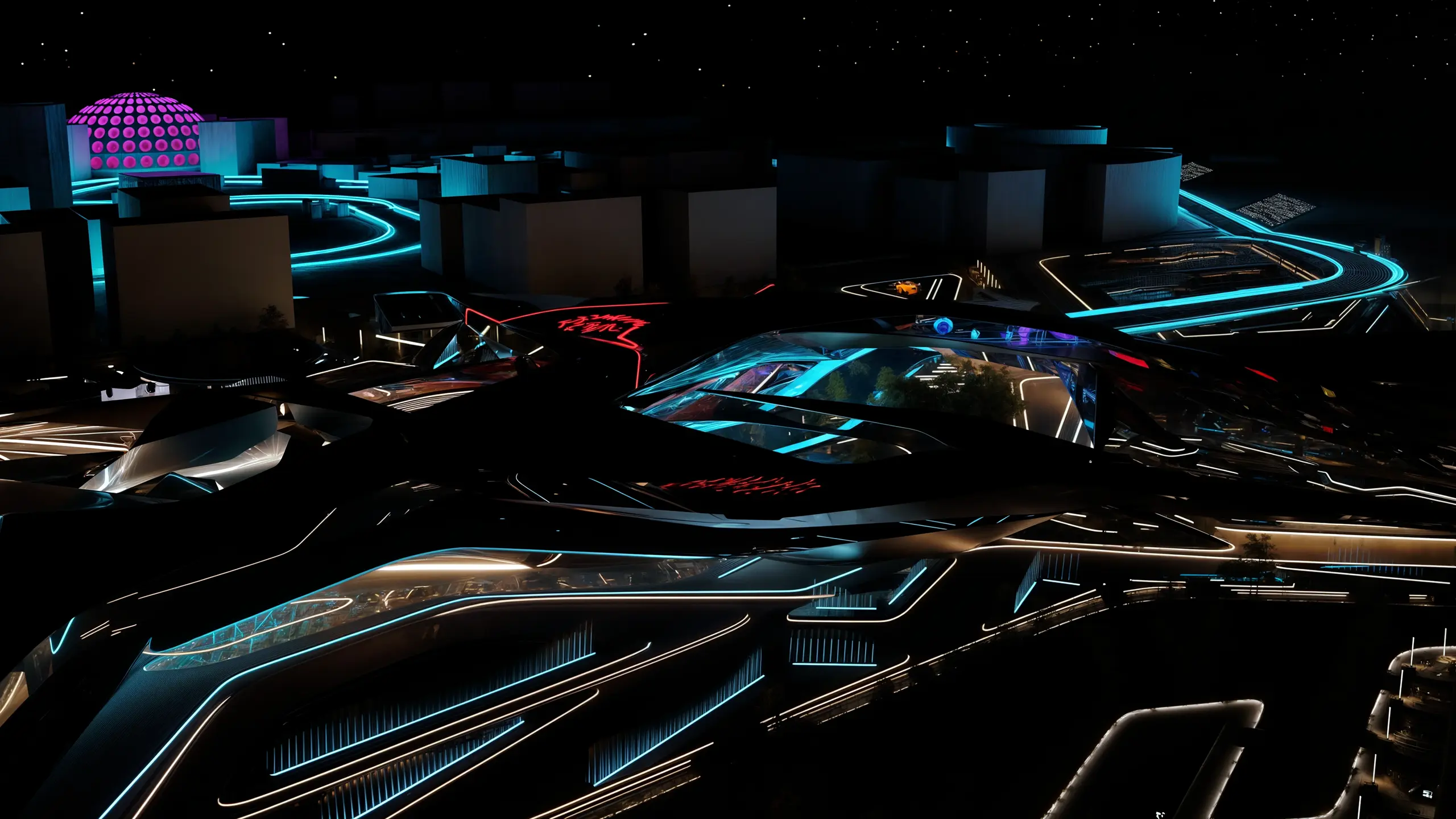 The Link Expo City, a futuristic cityscape at night, illuminated by neon lights in various colors. The architecture features sleek, modern designs with curved lines and glowing accents, creating a high-tech and futuristic atmosphere.