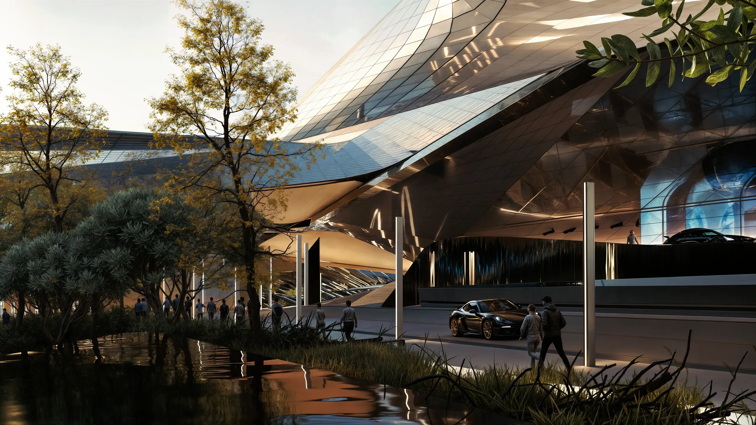 The Link Expo City Social Arena, a futuristic building with a sleek, modern design featuring large, geometric windows. The structure is surrounded by greenery, including trees and a calm water body, creating a harmonious blend of nature and architecture.