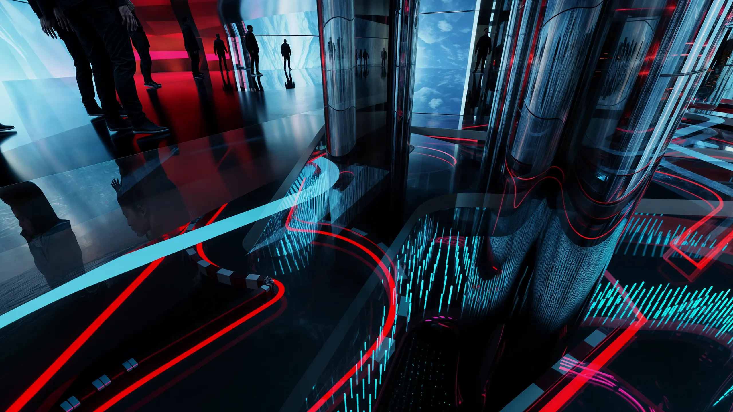 Expo City Gaming Arena, a futuristic, high-tech karting area with sleek, reflective surfaces and vibrant, glowing lines. People are standing in the background, and the scene is illuminated with neon lights, creating a modern and advanced atmosphere.